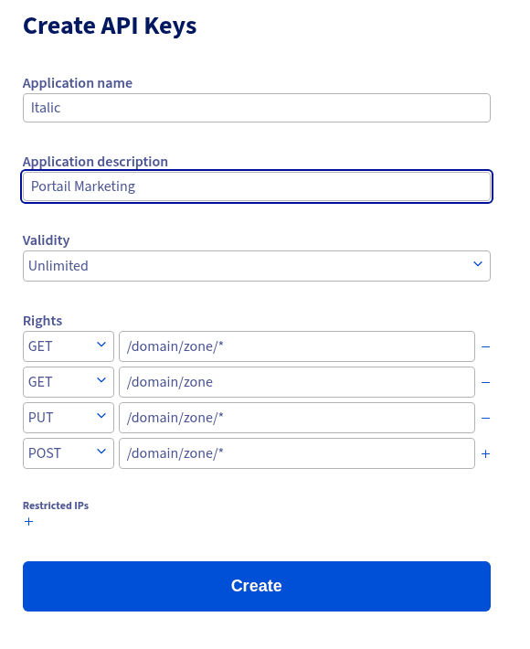 Formulaire « Create API Keys » d'OVH avec les quatre droits pré-remplis
