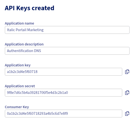 Écran « API Keys created » d'OVH avec l'Application key, l'Application secret et la Consumer Key